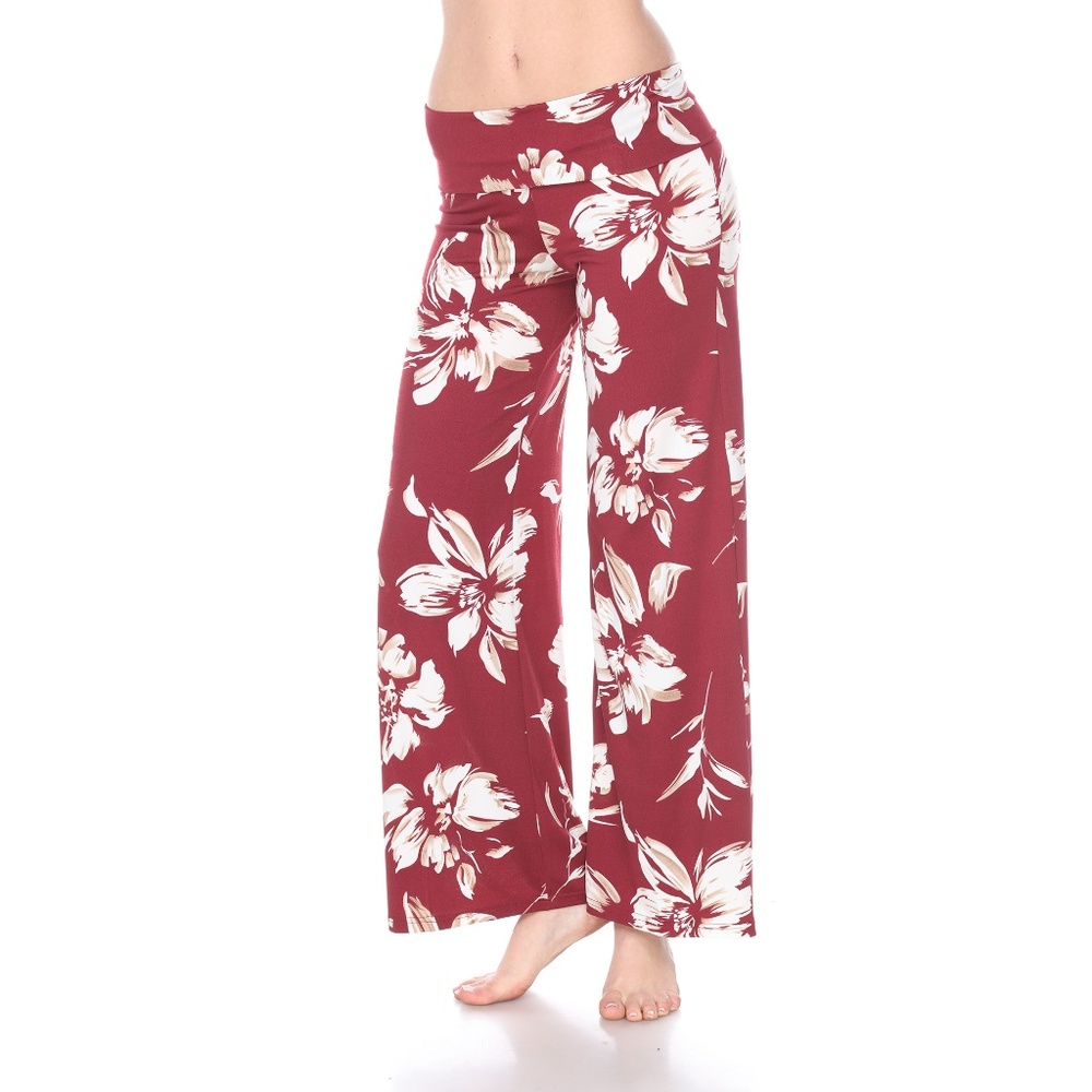 White Mark Wide Leg Floral Pants | Large | Burgundy and White